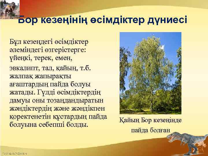 Бор кезеңінің өсімдіктер дүниесі Бұл кезеңдегі өсімдіктер әлеміндегі өзгерістерге: үйеңкі, терек, емен, эвкалипт, тал,