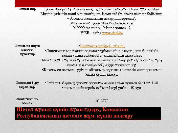 Лицензиар Қазақстан республикасының еңбек жіне халықты әлеуметтік қорғау Министрлігінің көші-қон жөніндегі Комитеті (Алматы қаласы