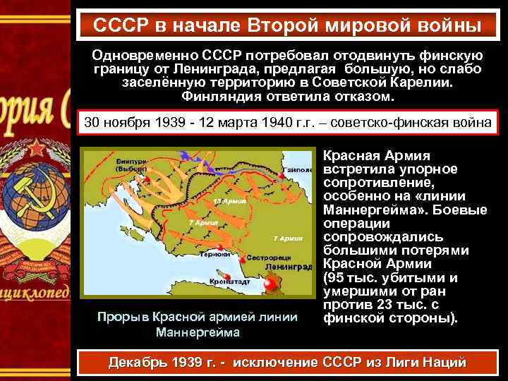 СССР в начале Второй мировой войны Одновременно СССР потребовал отодвинуть финскую границу от Ленинграда,