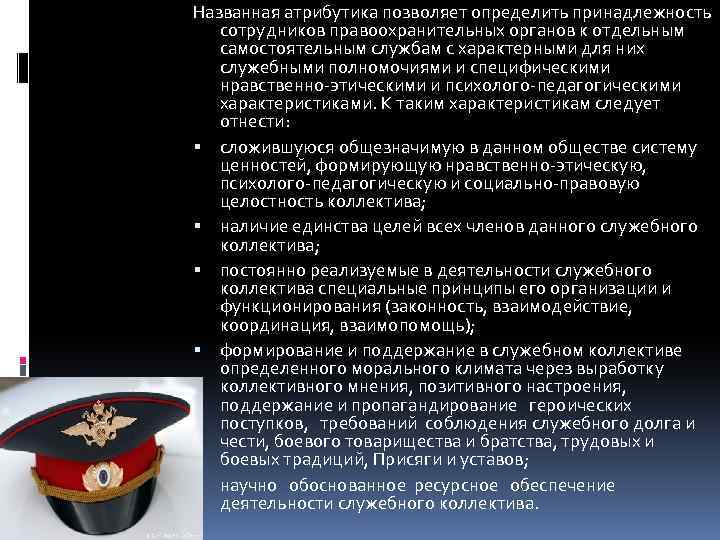 Названная атрибутика позволяет определить принадлежность сотрудников правоохранительных органов к отдельным самостоятельным службам с характерными