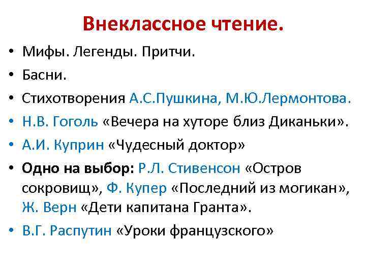Внеклассное чтение. Мифы. Легенды. Притчи. Басни. Стихотворения А. С. Пушкина, М. Ю. Лермонтова. Н.