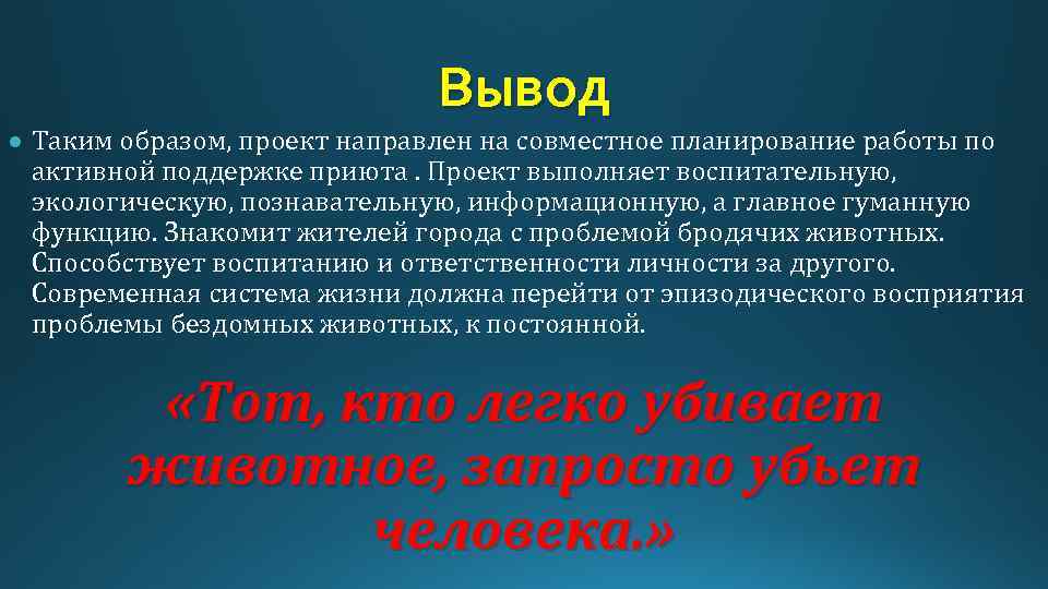 Вывод ● Таким образом, проект направлен на совместное планирование работы по активной поддержке приюта.
