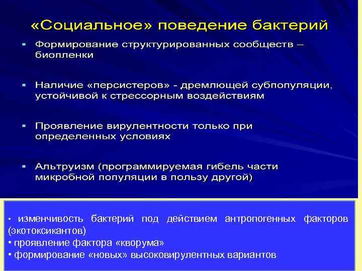 изменчивость бактерий под действием антропогенных факторов (экотоксикантов) • проявление фактора «кворума» • формирование «новых»