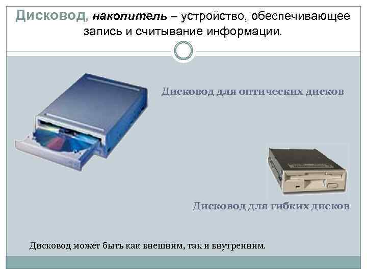 Дисковод, накопитель – устройство, обеспечивающее запись и считывание информации. Дисковод для оптических дисков Дисковод