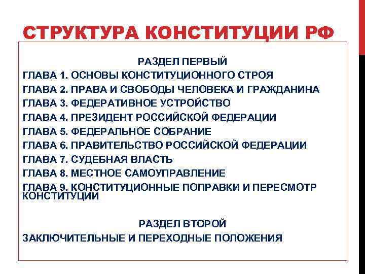 СТРУКТУРА КОНСТИТУЦИИ РФ РАЗДЕЛ ПЕРВЫЙ ГЛАВА 1. ОСНОВЫ КОНСТИТУЦИОННОГО СТРОЯ ГЛАВА 2. ПРАВА И