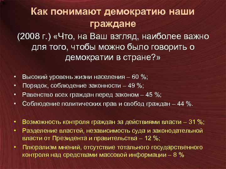 Как понимают демократию наши граждане (2008 г. ) «Что, на Ваш взгляд, наиболее важно