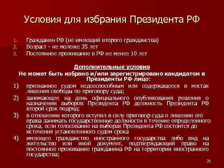Условия для избрания Президента РФ 1. 2. 3. Гражданин РФ (не имеющий второго гражданства)