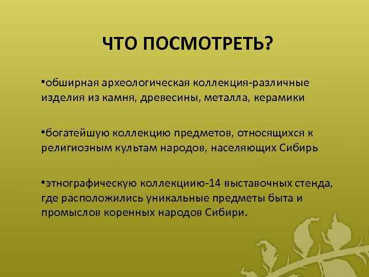 ЧТО ПОСМОТРЕТЬ? • обширная археологическая коллекция-различные изделия из камня, древесины, металла, керамики • богатейшую