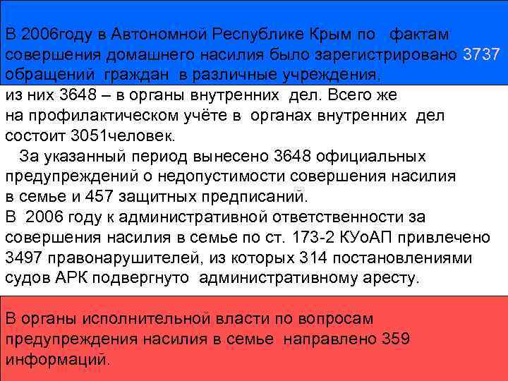 В 2006 году в Автономной Республике Крым по фактам совершения домашнего насилия было зарегистрировано