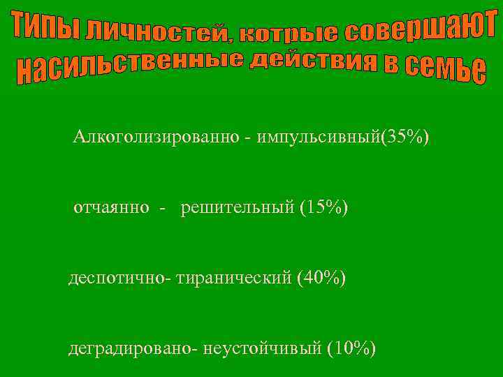 Алкоголизированно - импульсивный(35%) отчаянно - решительный (15%) деспотично- тиранический (40%) деградировано- неустойчивый (10%) 
