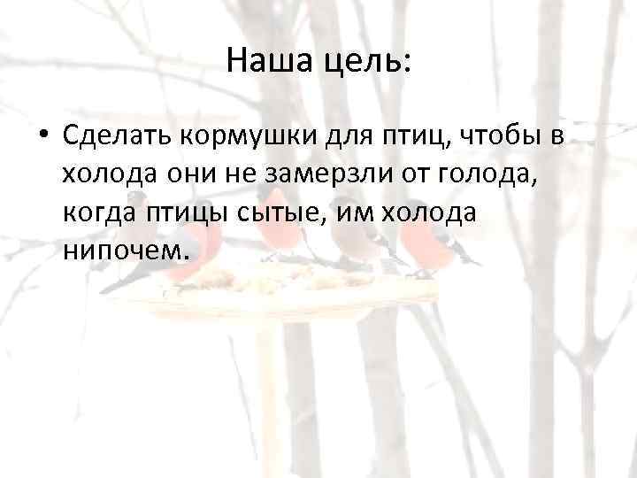 Наша цель: • Сделать кормушки для птиц, чтобы в холода они не замерзли от