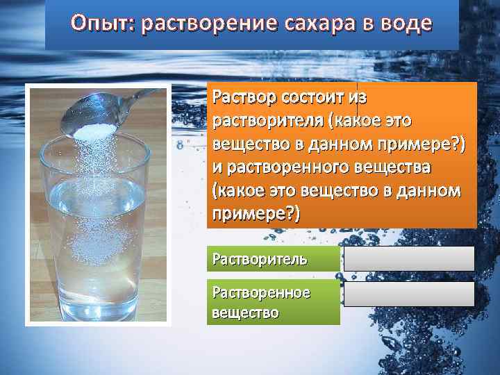 Опыт: растворение сахара в воде Раствор состоит из растворителя (какое это вещество в данном