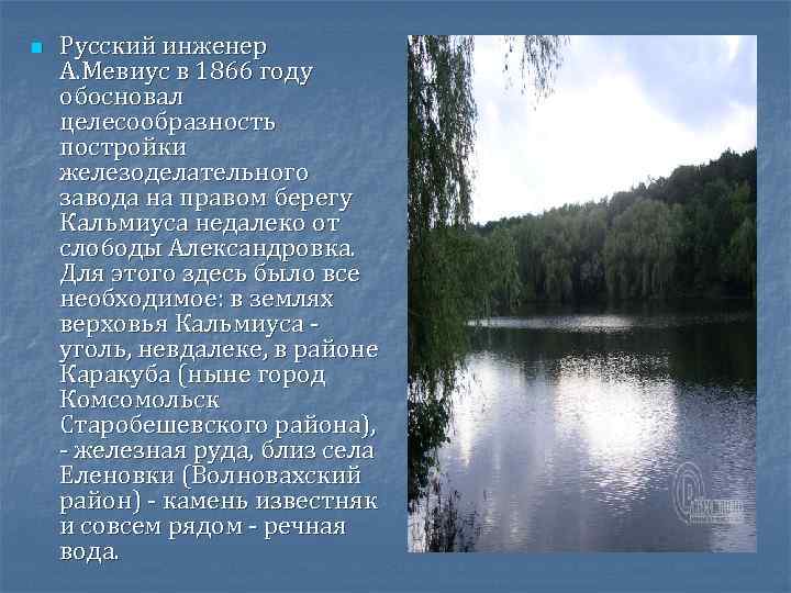 n Русский инженер А. Мевиус в 1866 году обосновал целесообразность постройки железоделательного завода на