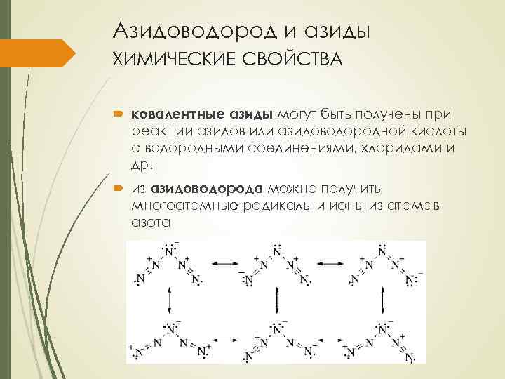 Азидоводород и азиды ХИМИЧЕСКИЕ СВОЙСТВА ковалентные азиды могут быть получены при реакции азидов или