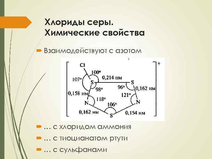 Хлориды серы. Химические свойства Взаимодействуют с азотом … с хлоридом аммония … с тиоцианатом