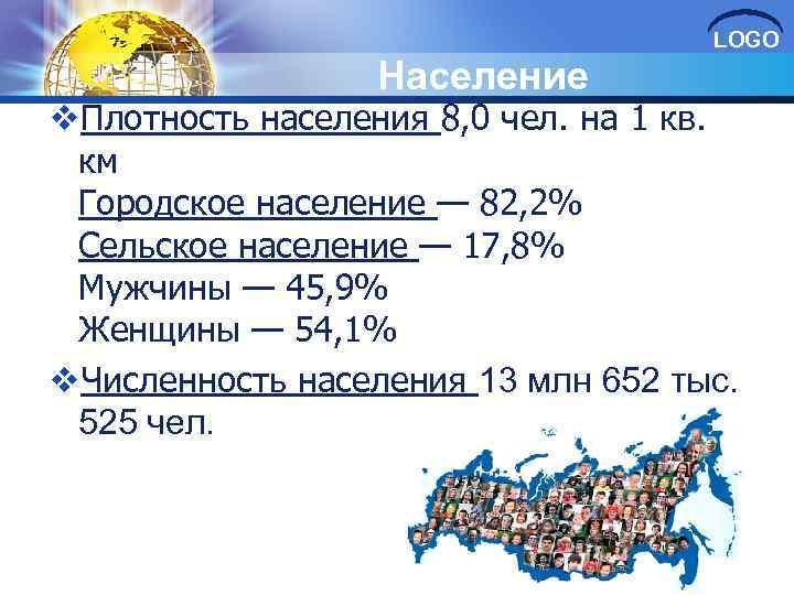 LOGO Население v. Плотность населения 8, 0 чел. на 1 кв. км Городское население