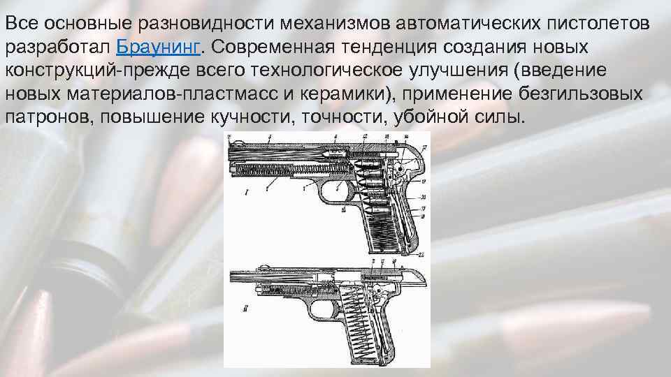 Все основные разновидности механизмов автоматических пистолетов разработал Браунинг. Современная тенденция создания новых конструкций-прежде всего