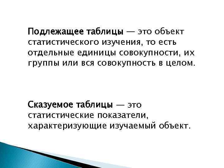 Подлежащее таблицы — это объект статистического изучения, то есть отдельные единицы совокупности, их группы