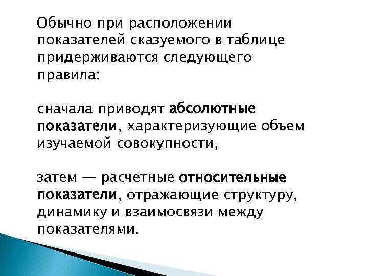 Обычно при расположении показателей сказуемого в таблице придерживаются следующего правила: сначала приводят абсолютные показатели,