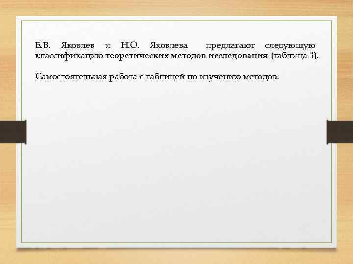 Е. В. Яковлев и Н. О. Яковлева предлагают следующую классификацию теоретических методов исследования (таблица