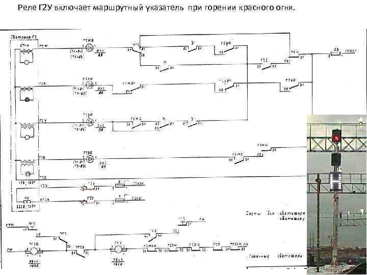 Реле Г 2 У включает маршрутный указатель при горении красного огня. 