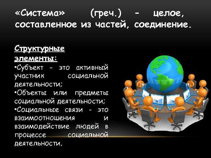  «Система» (греч. ) - целое, составленное из частей, соединение. Структурные элементы: • Субъект