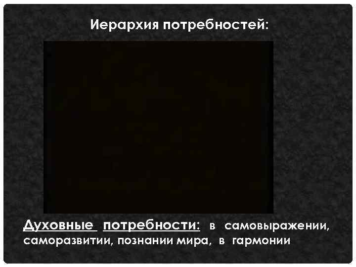 Иерархия потребностей: Духовные потребности: в самовыражении, саморазвитии, познании мира, в гармонии 