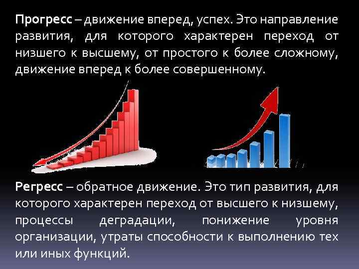 Прогресс – движение вперед, успех. Это направление развития, для которого характерен переход от низшего