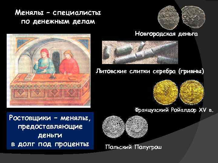 Менялы – специалисты по денежным делам Новгородская деньга Литовские слитки серебра (гривны) Ростовщики –