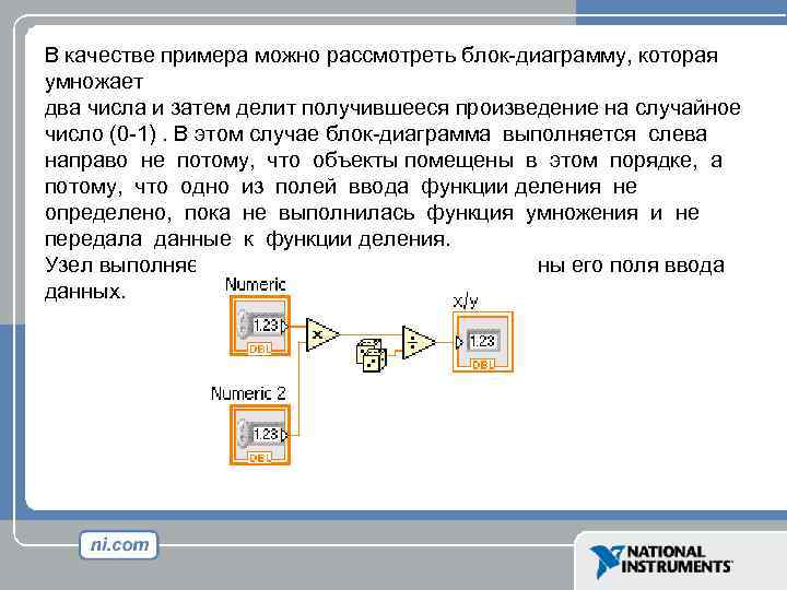 В качестве примера можно рассмотреть блок-диаграмму, которая умножает два числа и затем делит получившееся