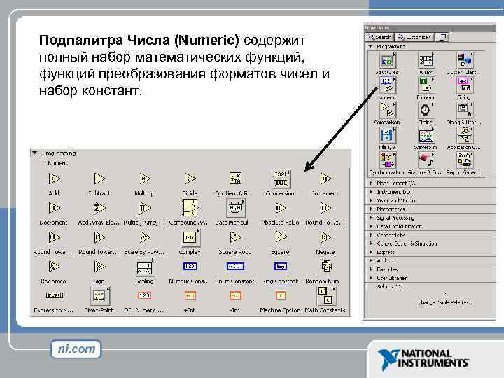 Подпалитра Числа (Numeric) содержит полный набор математических функций, функций преобразования форматов чисел и набор