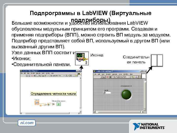 Подпрограммы в Lab. VIEW (Виртуальные подприборы) Большие возможности и удобство использования Lab. VIEW обусловлены