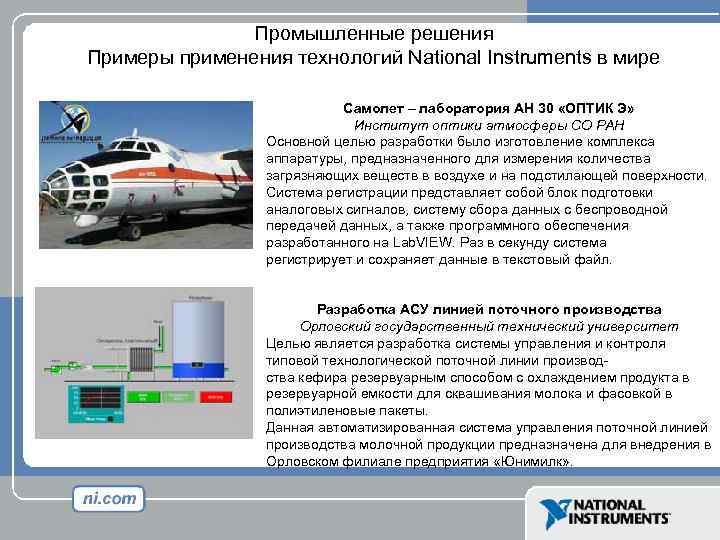 Промышленные решения Примеры применения технологий National Instruments в мире Самолет – лаборатория АН 30