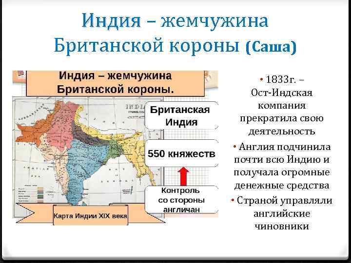 Индия – жемчужина Индия Британской короны (Саша) • 1833 г. – Ост-Индская компания прекратила