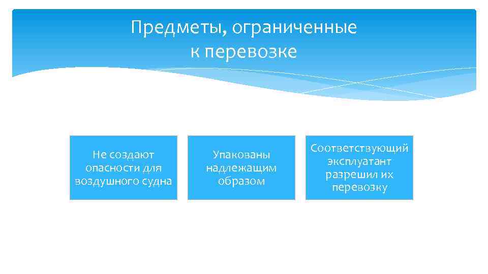 Предметы, ограниченные к перевозке Не создают опасности для воздушного судна Упакованы надлежащим образом Соответствующий
