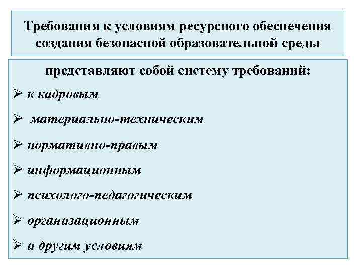 Требования к условиям ресурсного обеспечения создания безопасной образовательной среды представляют собой систему требований: Ø