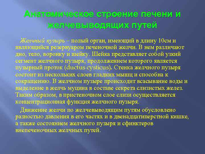 Анатомическое строение печени и желчевыводящих путей Желчный пузырь – полый орган, имеющий в длину