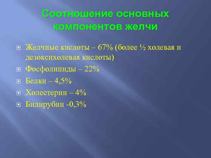Соотношение основных компонентов желчи Желчные кислоты – 67% (более ½ холевая и дезоксихолевая кислоты)