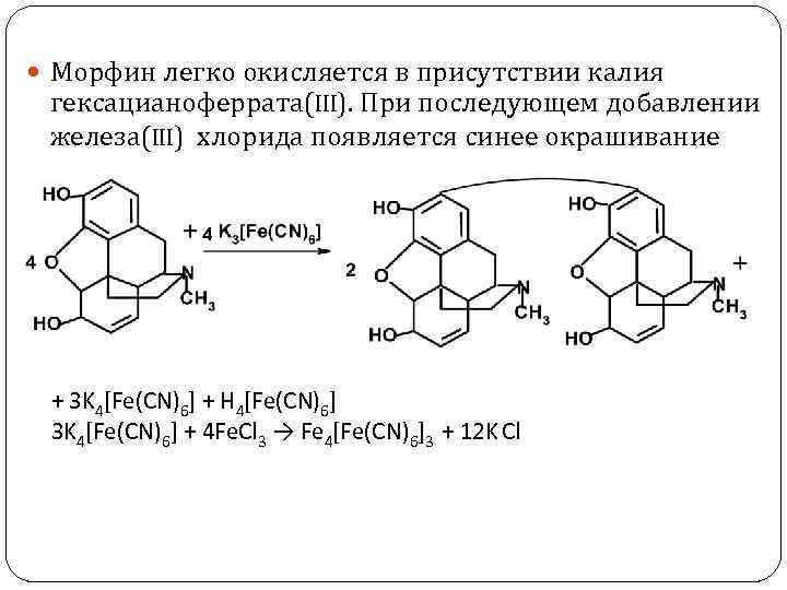  Морфин легко окисляется в присутствии калия гексацианоферрата(III). При последующем добавлении железа(III) хлорида появляется