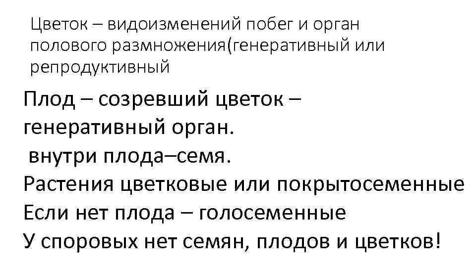 Цветок – видоизменений побег и орган полового размножения(генеративный или репродуктивный Плод – созревший цветок