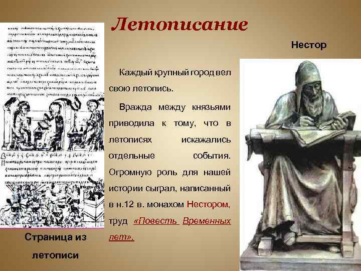 Летописание Нестор Каждый крупный город вел свою летопись. Вражда между князьями приводила к тому,