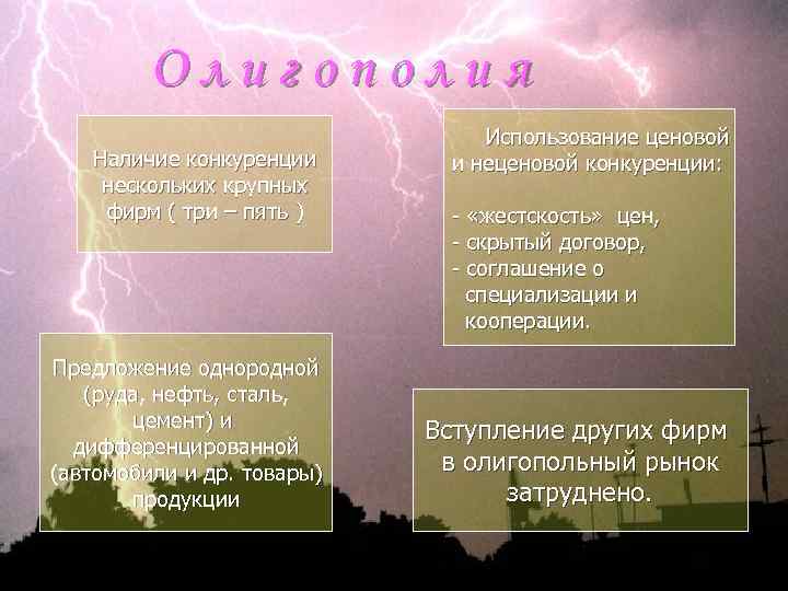 Олигополия Наличие конкуренции нескольких крупных фирм ( три – пять ) Предложение однородной (руда,