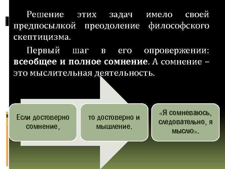 Решение этих задач имело своей предпосылкой преодоление философского скептицизма. Первый шаг в его опровержении: