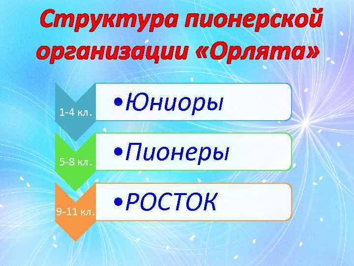 1 -4 кл. • Юниоры 5 -8 кл. • Пионеры 9 -11 кл. •