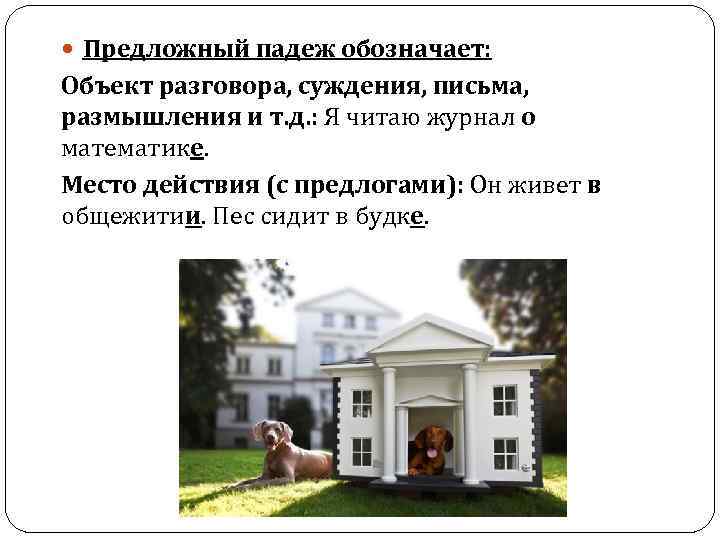  Предложный падеж обозначает: Объект разговора, суждения, письма, размышления и т. д. : Я