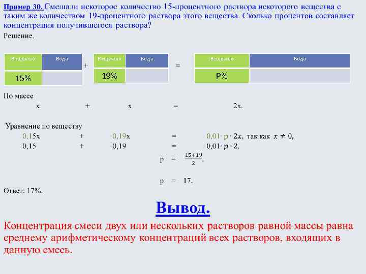  • Вещество 15% Вода Вещество 19% Вода Вещество P% Вода 