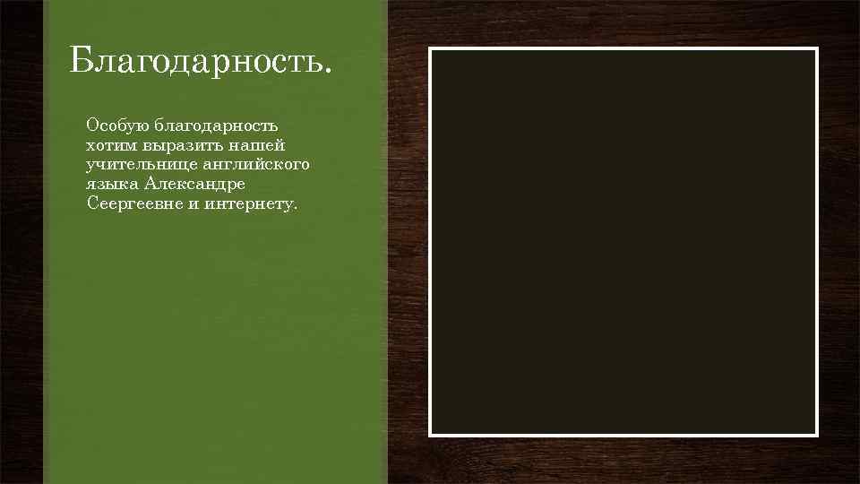 Благодарность. Особую благодарность хотим выразить нашей учительнице английского языка Александре Сеергеевне и интернету. 