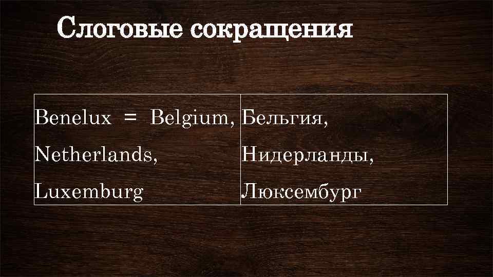 Слоговые сокращения Benelux = Belgium, Бельгия, Netherlands, Нидерланды, Luxemburg Люксембург 