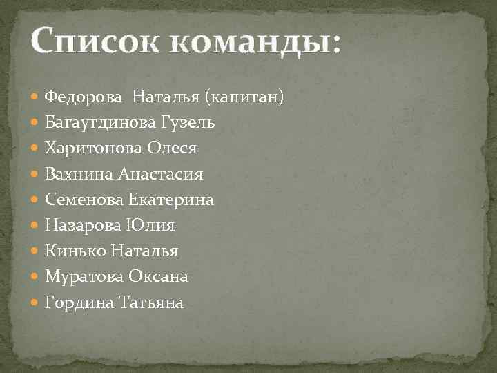 Список команды: Федорова Наталья (капитан) Багаутдинова Гузель Харитонова Олеся Вахнина Анастасия Семенова Екатерина Назарова