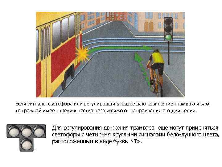 Если сигналы светофора или регулировщика разрешают движение трамваю и вам, то трамвай имеет преимущество